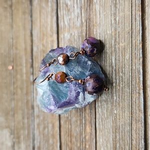 Purple Imperial Jasper, Tigers Eye and Copper Drop Earrings